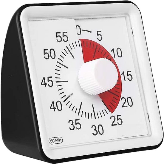 Witte analoge timer met rode indicator en witte draaiknop. 60 minuten.