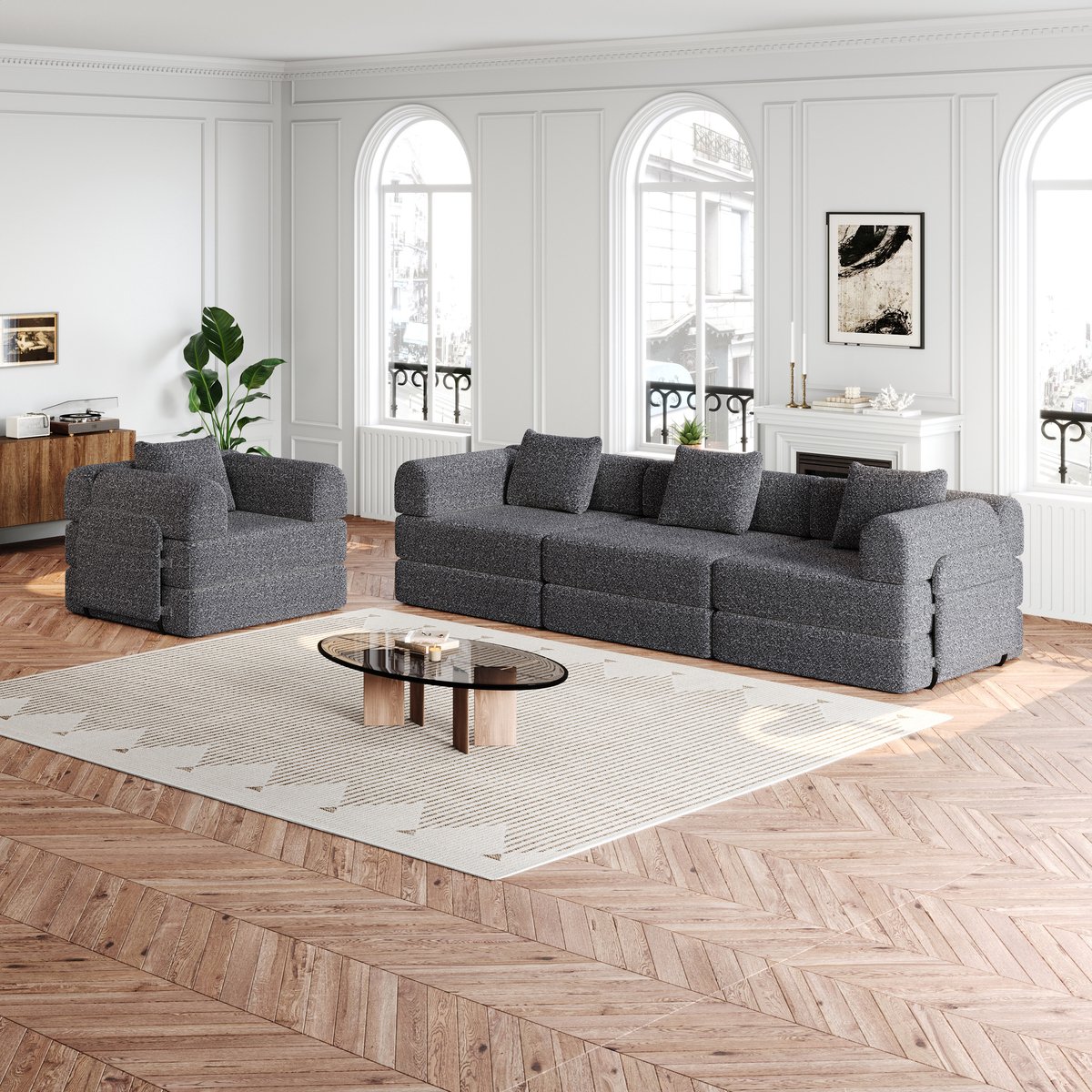OKWISH Slaapbank 2 In 1 - Zit En Ligfunctie Met Armleuning Opbergvak - Stabiel Met Drie Stalen Frames - Voor Woonkamer Of Logeerkamer - Chenille - Grijs