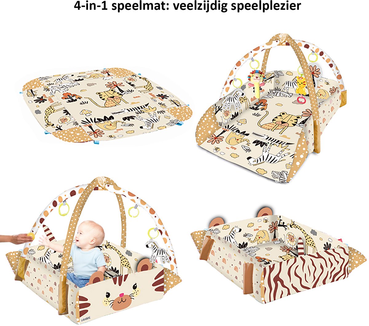 Multifunctioneel Speelkleed Baby + Buikligtrainer - Babygym met AANPASBARE WANDEN - Speelmat met Boog - 4 Speeltjes - Vanaf 0m+ — afbeelding 9