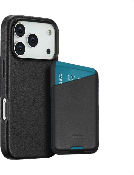Étui en Cuir Véritable Accezz Incluant Porte-Cartes adapté pour MagSafe - Adapté pour Apple iPhone 17 Pro Max - Black