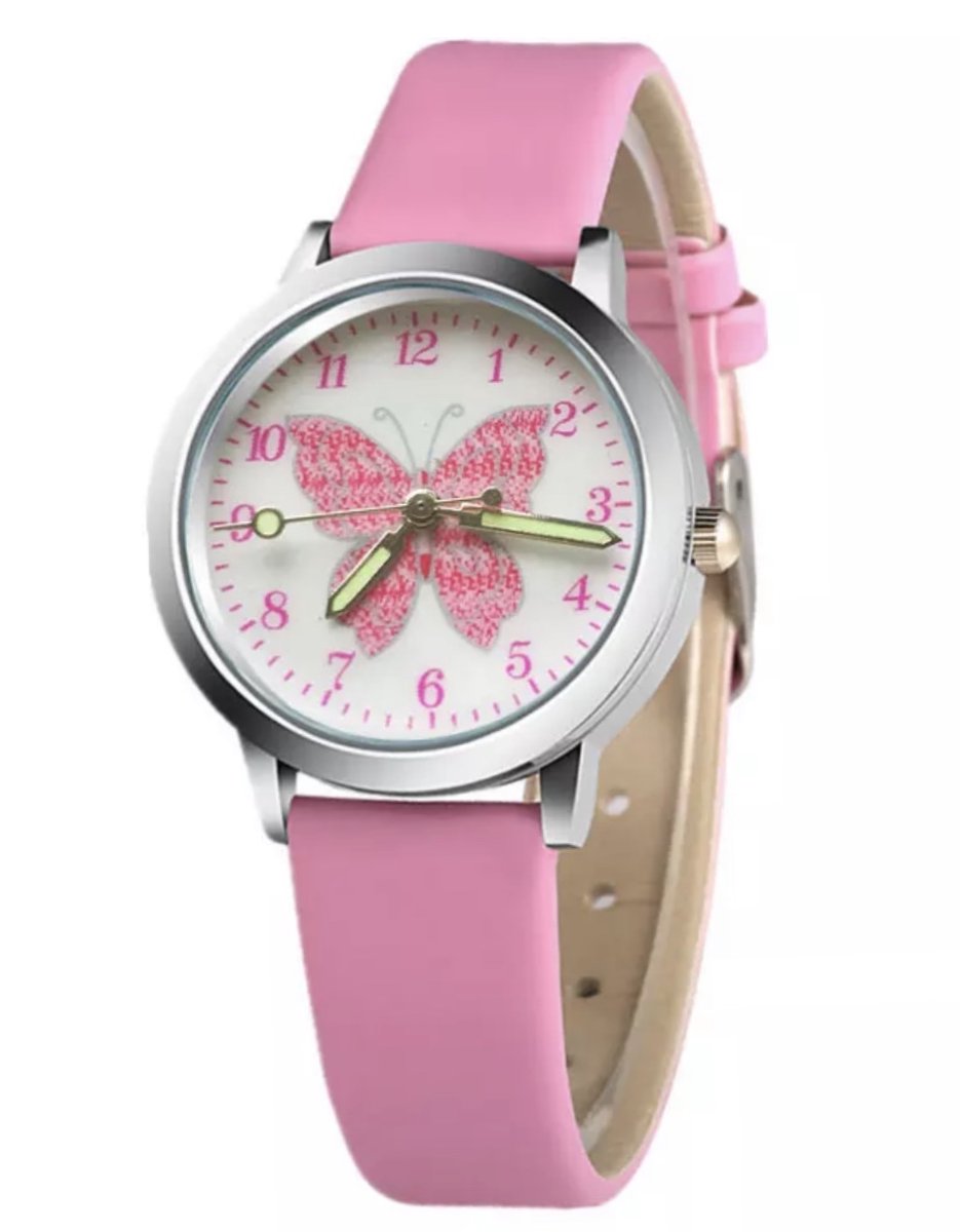 12Getit Meisjes horloge met vlinder afbeelding en roze leer bandje.