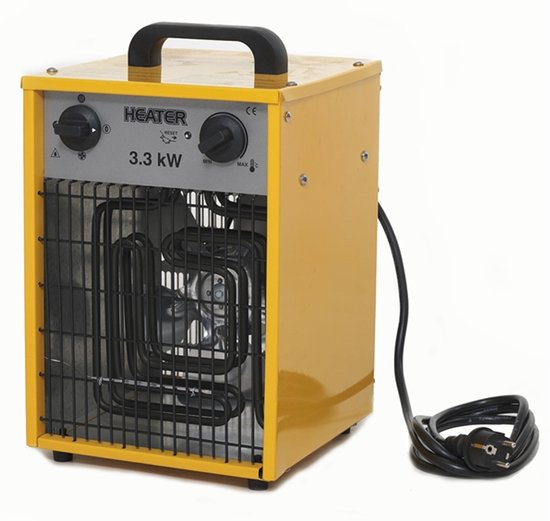 Gele elektrische kachel 3,3 kW met zwarte handgreep en rooster.
