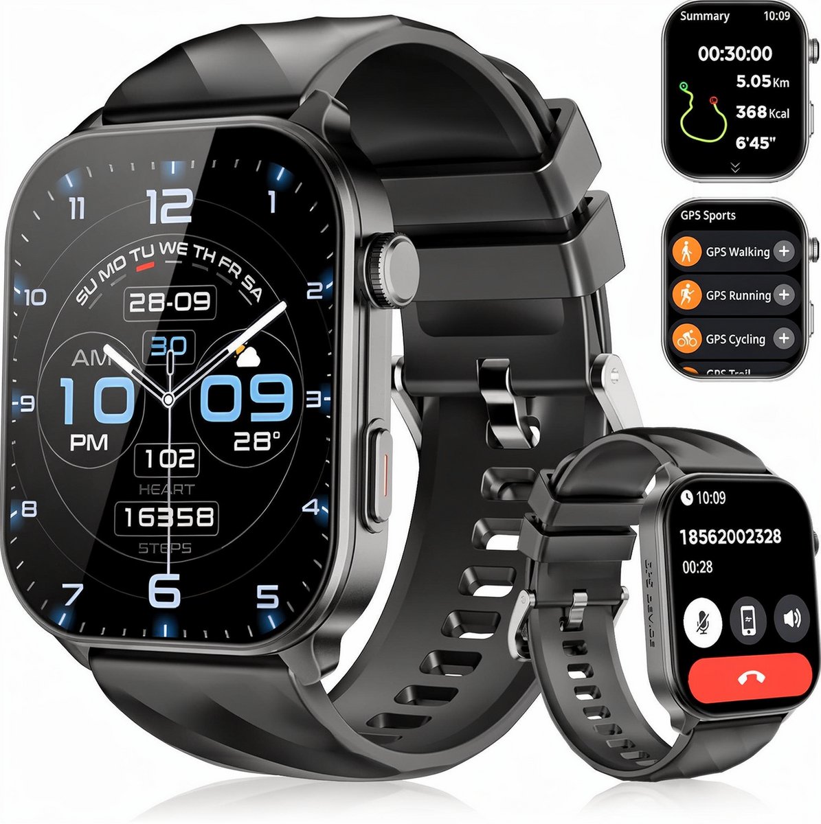 Synyq Axis GPS Smartwatch Dames en Heren - GPS 5 satellieten - Waterdicht - Belfunctie - Stappenteller - Hartslagmeter - Slaapmonitor - Multisport - Geschikt voor Android en iOS - Zwart