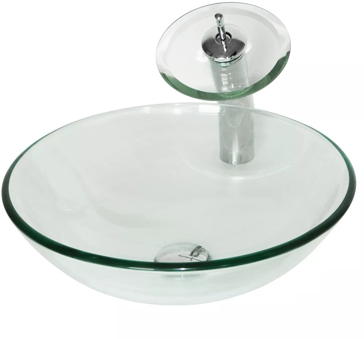 Waskom blank glas met hoge Watervalkraan 42 cm rond