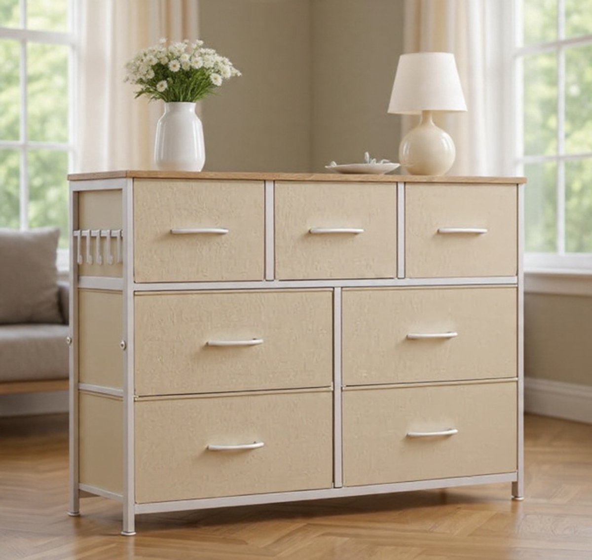Aurelia Luxe Ladekast met 7 Stoffen Lades en Houten Bovenblad – 100 x 30 x 75 cm – Beige Casa Serena – Casa Dorada