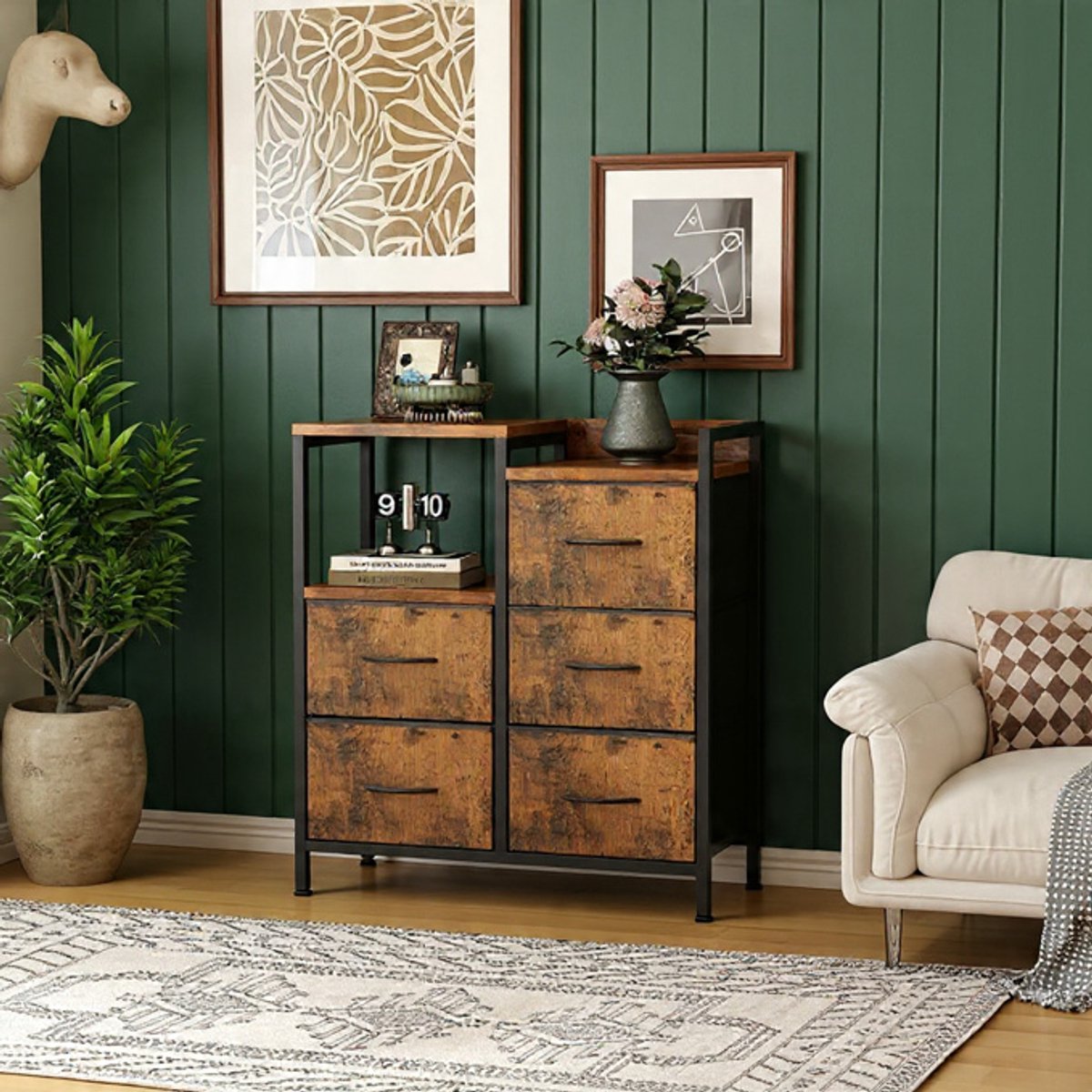 Valmont Vintage Commode met 5 stoffen lades en metalen frame – 63 x 29 x 75 cm – Vintage Bruin Casa Serena – Casa Dorada