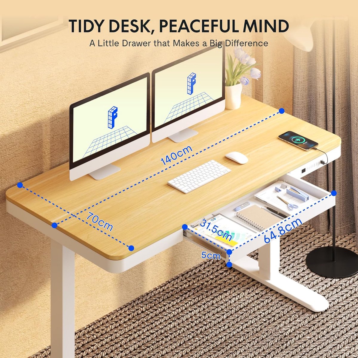 Electric Desk 140 x 70 cm – Height Adjustable with LED Display, Memory Function, USB Ports & Drawer – Modern Ergonomic Home Office Desk – Naturahoorn – ABkantoor