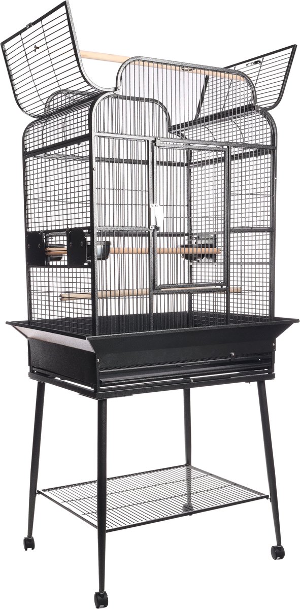 Vogelkooi – Papegaaienkooi Lorre Antraciet 66x51x164cm – stevige metalen kooi met open dak, opvangrand & houten zitstokken thumbnail 2