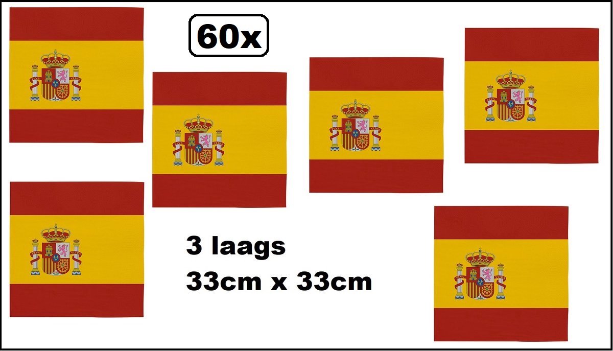 60x Servetten Spanje 33cm x 33cm - 3 laags - Servet diner eten knoeien restaurant Spain WK 2026 BBQ thema feest verjaardag feest
