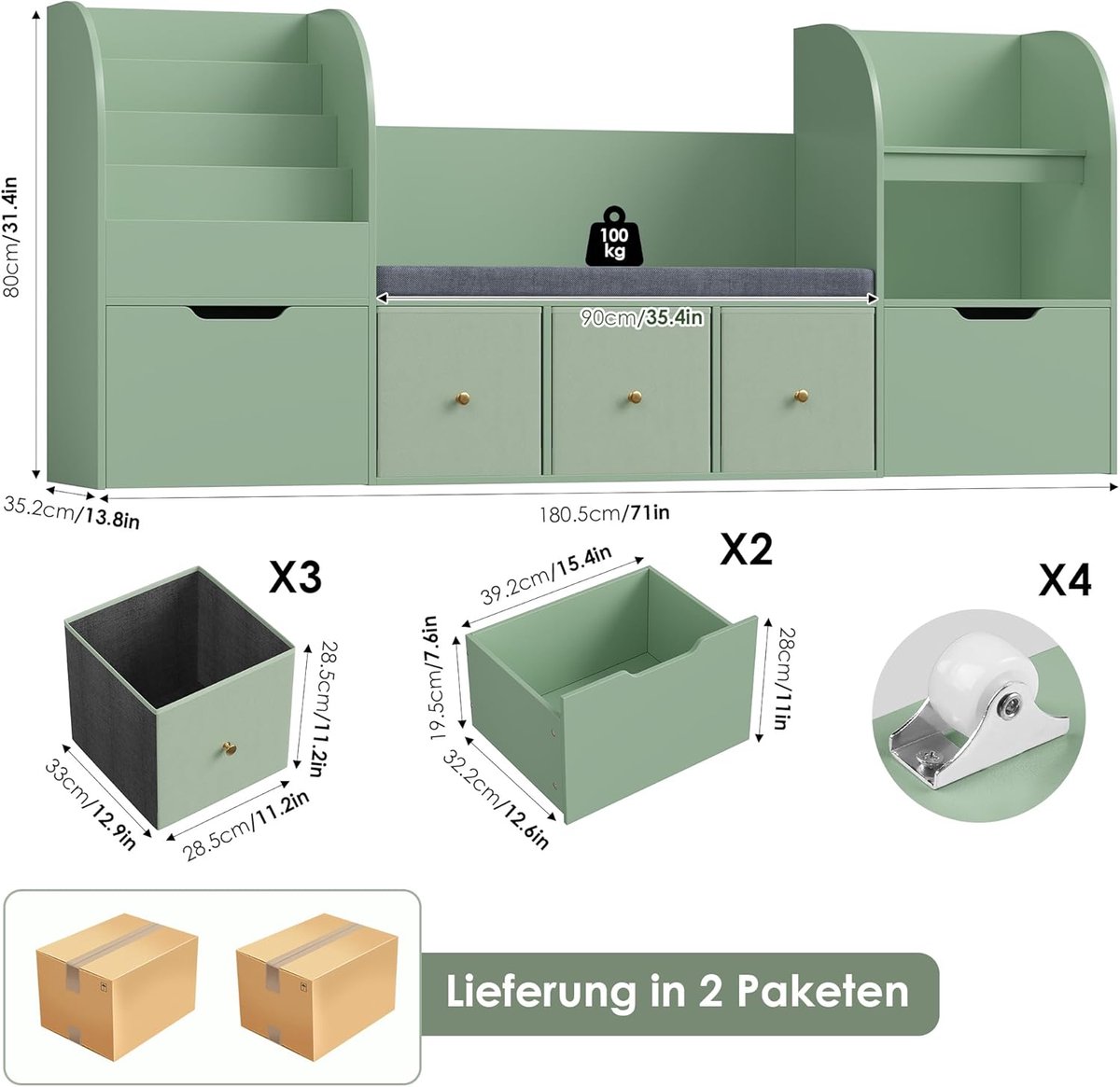 boekenkast-Kinderboekenkast met Zitbank en 5 Opbergvakken – Casa Velluto Kindermeubel Speelgoedrek en Organizer – Houten Kinderkast 180,5 x 35 x 80 cm – Groen – Veilig & Duurzaam