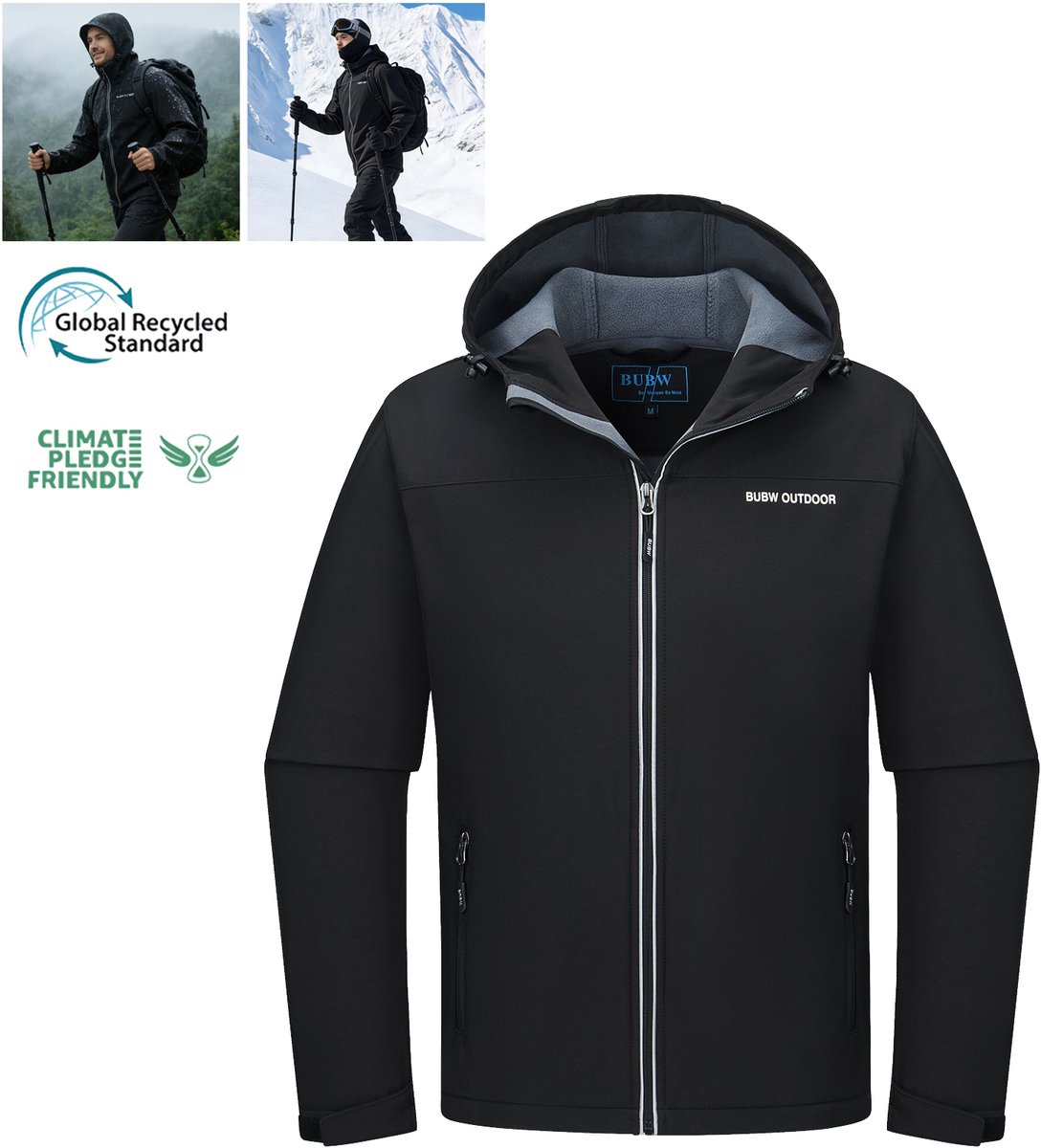 BUBW® Heren Outdoorjas Windjack -Softshell Jas 4 Seizoenen Fleece Gevoerd Winddicht Waterafstotend Ademend Rits Zakken Met Capuchon Zwart
