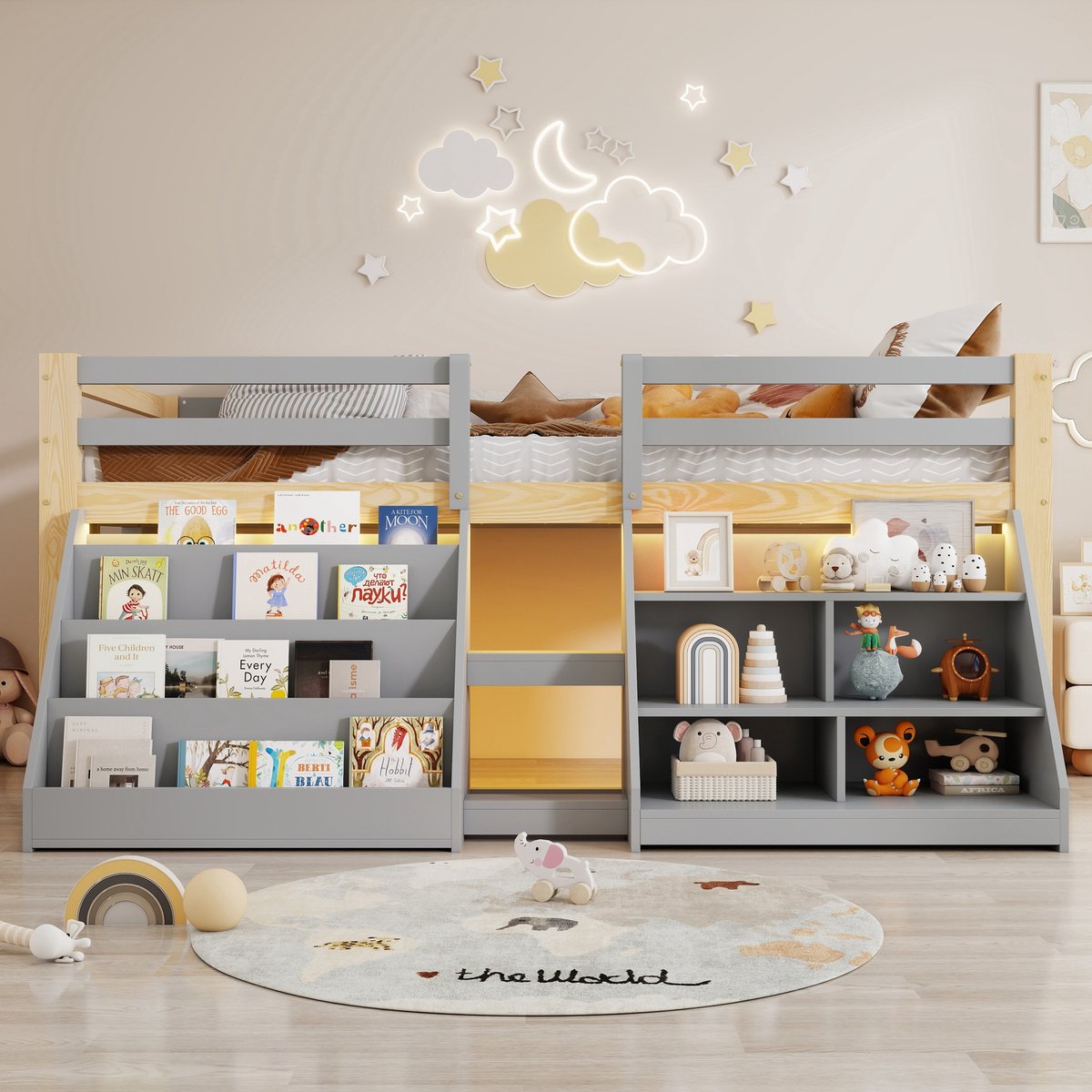 Merax Halfhoogslaper 90x200 cm - met meerdere planken - inclusief LED-verlichting - met opbergruimte - zonder matras - grijs