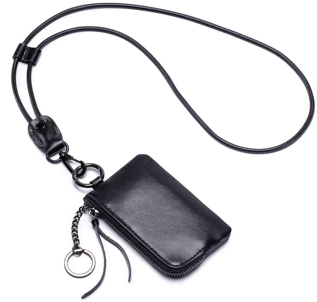 Leren Sleutel Etui & Muntportemonnee – 3-in-1 Mini Portemonnee met Rits, Pasjeshouder en Nekkoord – Leer - Zwart
