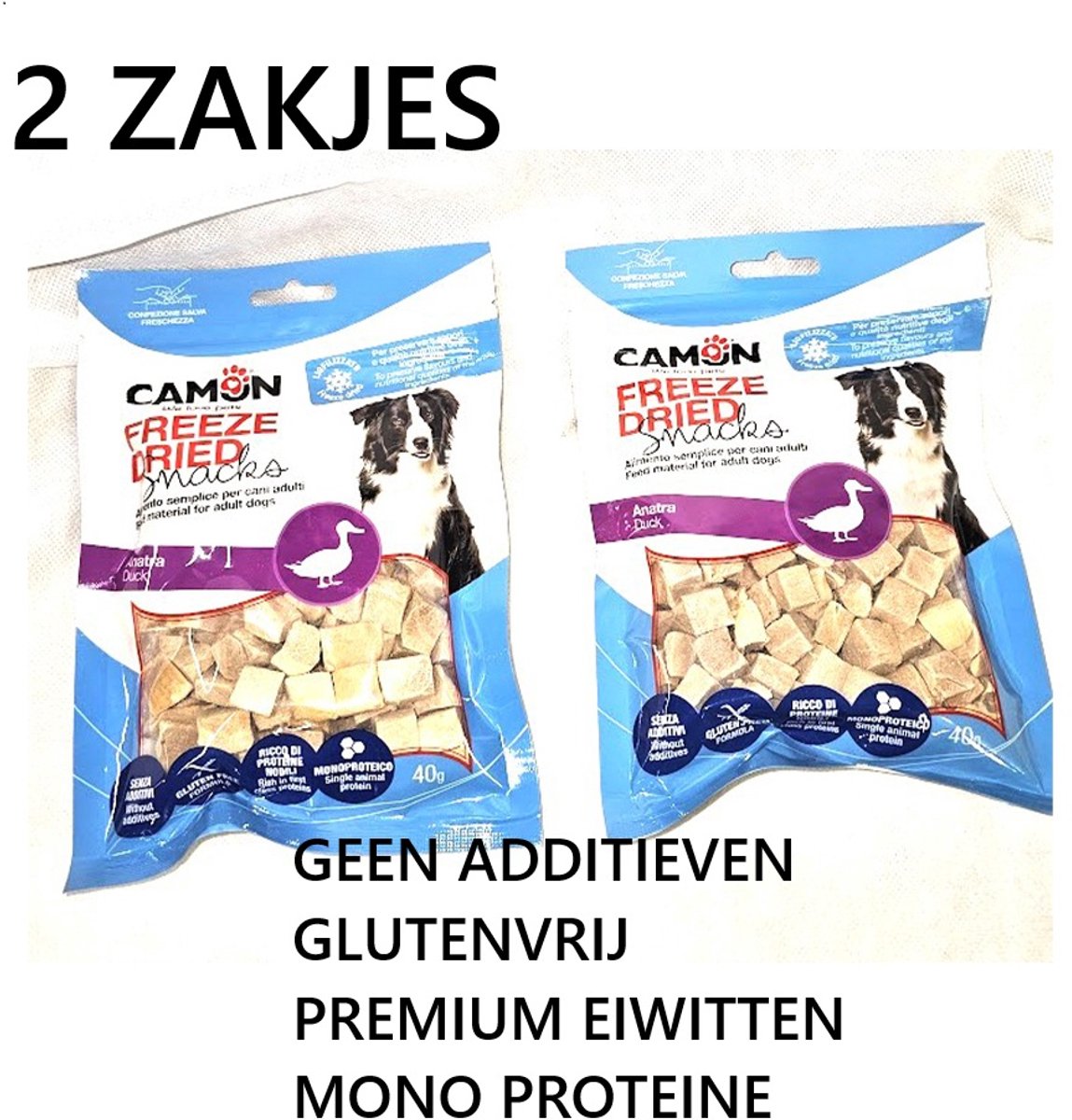 ** 2 X ** Camon - hondensnacks - gevriesdroogde eendenblokjes - 100% eend - 40 gr= 80 gr-geen additieven-glutenvrij - premium eiwitten - monoprotein