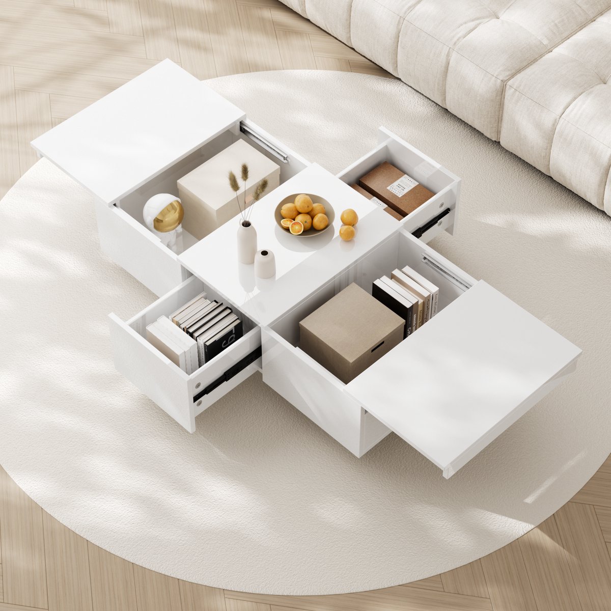 HAUSS SPOLE Salontafel - Hoogglans Koffietafel Met Push-Pull En Verborgen Opbergruimte - 2 Lades Voor Woonkamer En Interieur - Spaanplaat - 100x50x31 cm - Wit