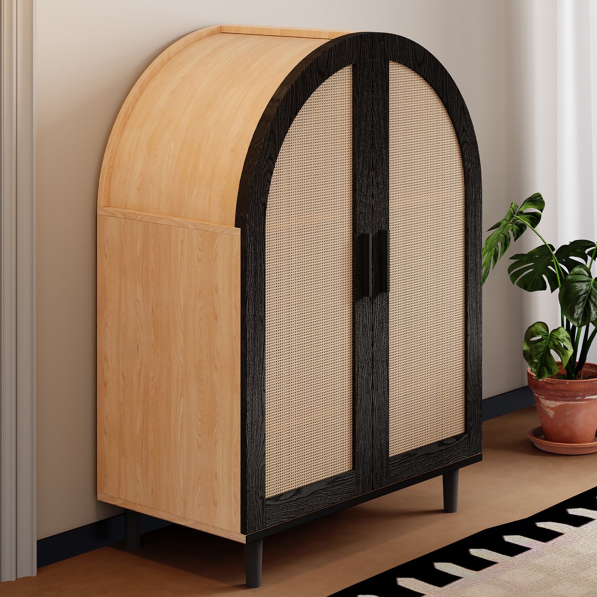 HAUSS SPOLE Schoenenkast Dressoir Met Holle Rattan Deuren En Verstelbare Planken 2 Deuren Voor Hal Woonkamer MDF Spaanplaat 70x40x100 Cm Naturel/Zwart Natuurlijk