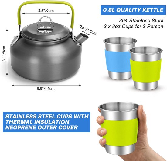 15-delig Camping Kookgerei Set, Anti‑aanbak Lichtgewicht Pan Ketel Set met RVS Mokken Borden Vorken Messen Lepels voor Kamperen, Backpacken, Buiten Koken en Picknick — afbeelding 5