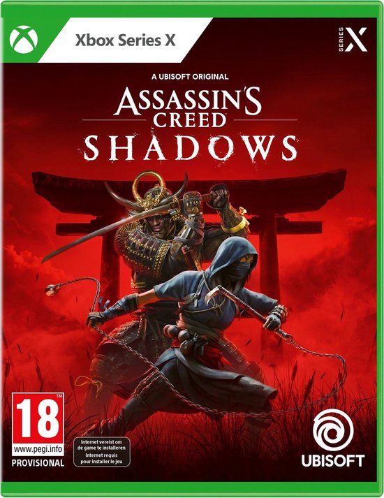 Assassin's Creed Shadows Xbox Series X hoes met een samoerai en een ninja in een pose voor een rode torii-poort.