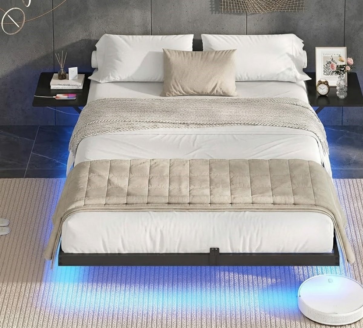 Aurora LED Zwevend Bedframe 140x200 cm met Oplaadstation, USB & Type-C, Metalen Tweepersoonsbed met lattenbodem en Opbergplanken – ZwartCasa Serena – Casa Dorada