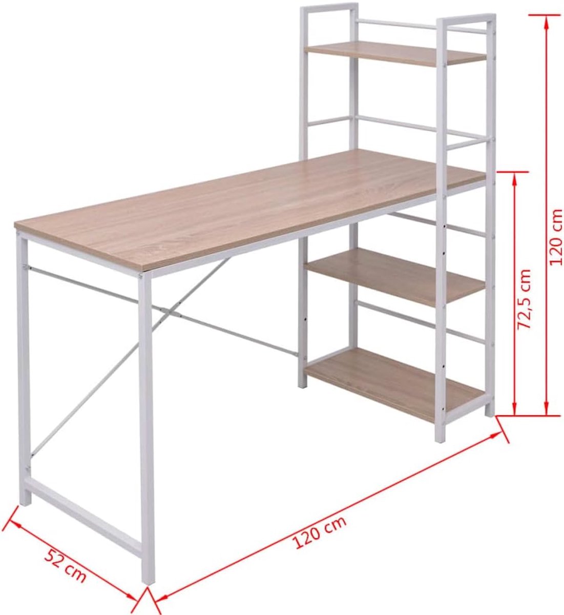 Bureau met Boekenkast 4-Laags 120x52x120 cm – Casa Velluto WorkSpace Loft – Computerbureau met Geïntegreerde Planken in Eikenlook – Modern Werkbureau met Opbergruimte voor Thuis & Kantoor