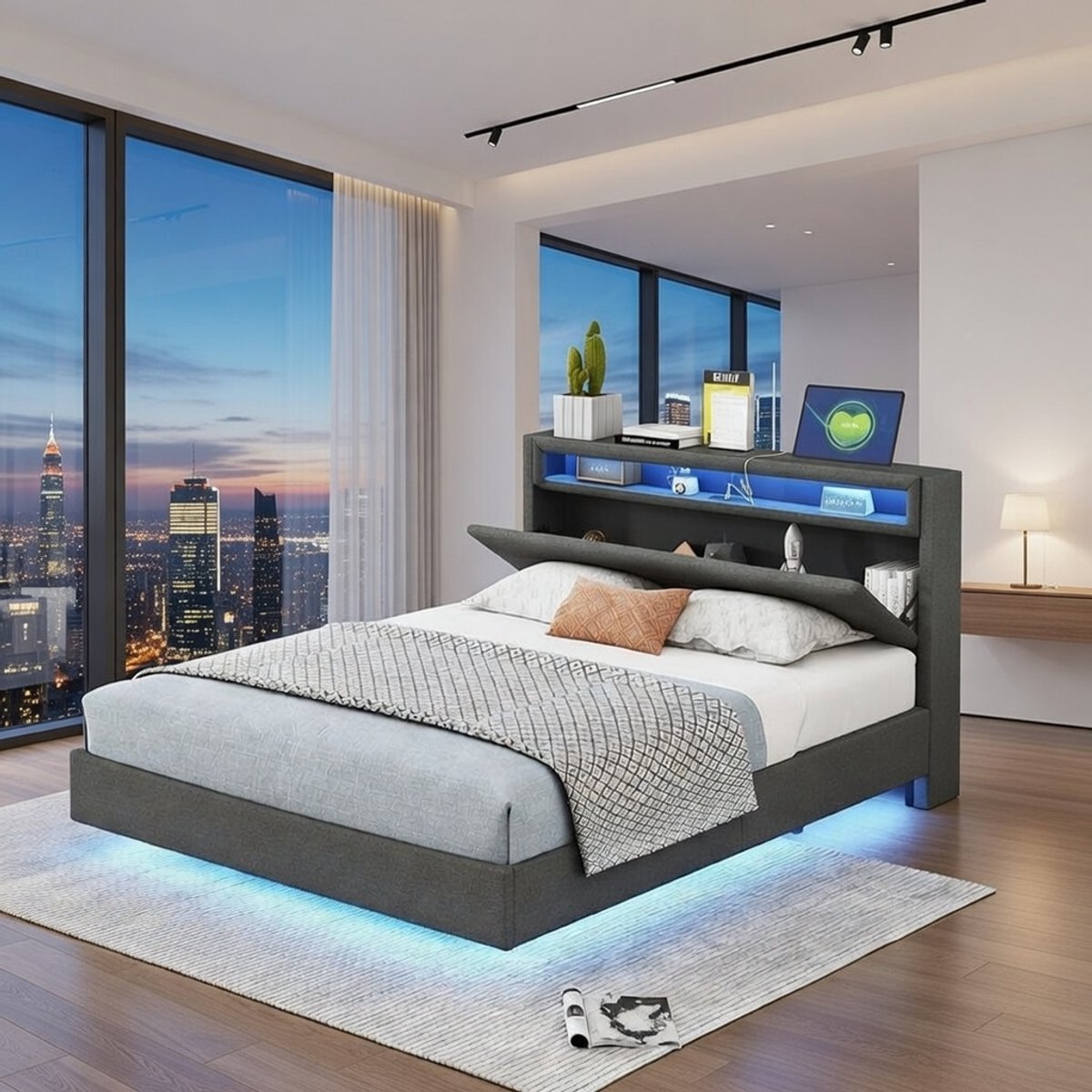 Modern Tweepersoonsbed 140x200 cm - Zwevend Design met LED-verlichting, Draaiend Hoofddeel, USB-oplaadstation en Ruimtebesparend Luxe Linnengoed - Comfortabel en Stijlvol Grijs Bed Casa Serena