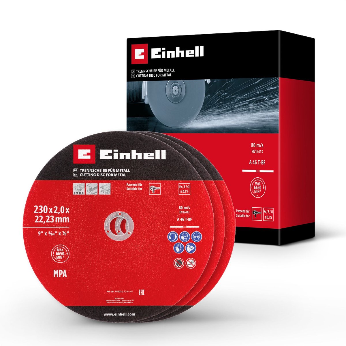 Einhell 3-delige dunne slijpschijfset voor metaal, Ø 230 mm (2 mm dikte, MPA-gecertificeerd, lange levensduur, nauwkeurige, braamvrije sneden, voor haakse slijpers)