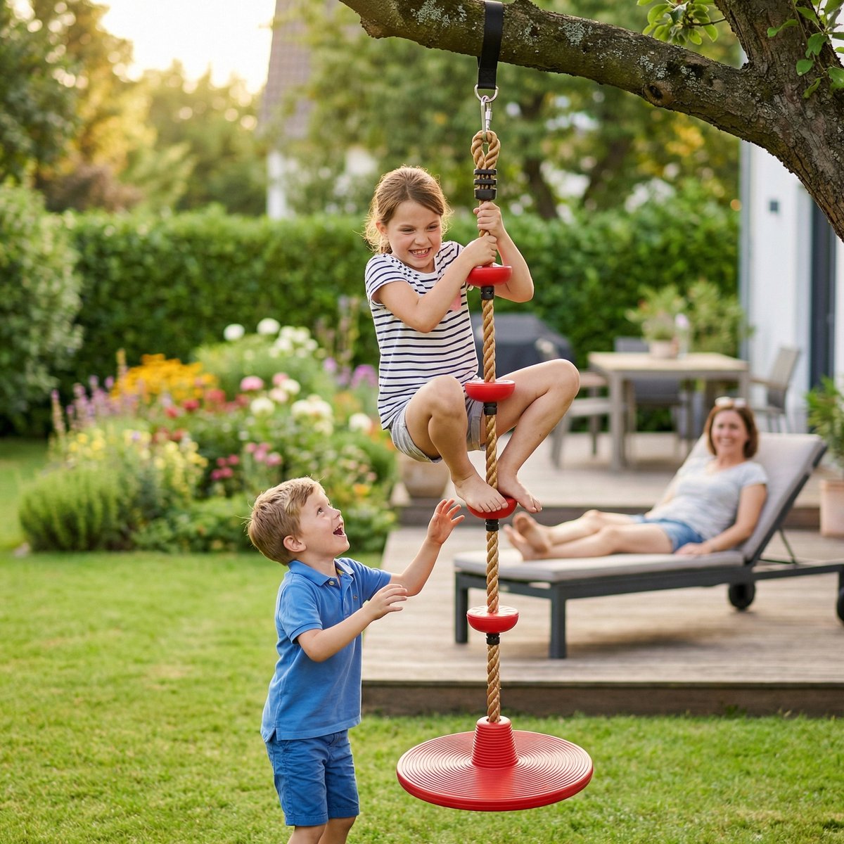 JAXY Schotelschommel - Klimtouw Schommel met Knopen - Kinderschommel Buiten - Buitenspeelgoed - Schommelzitje - Rood — afbeelding 4