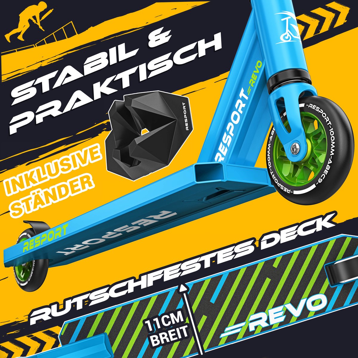 RE:SPORT Stuntstep REVO - Stuntstep voor Kinderen & Volwassenen - ABEC-9 - 100mm PU Wielen - Met Standaard - Y-Bar - Trick Scooter