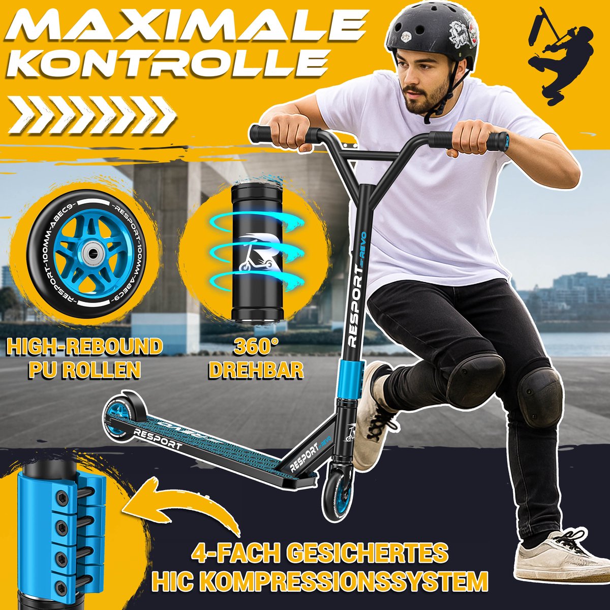 RE:SPORT Stuntstep REVO - Stuntstep voor Kinderen & Volwassenen - ABEC-9 - 100mm PU Wielen - Met Standaard - Y-Bar - Trick Scooter