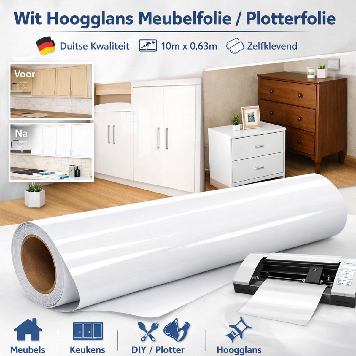 Plotterfolie/Meubelfolie Wit Hoogglans – 10m x 0,63m Professionele glansfolie – Duitse kwaliteit