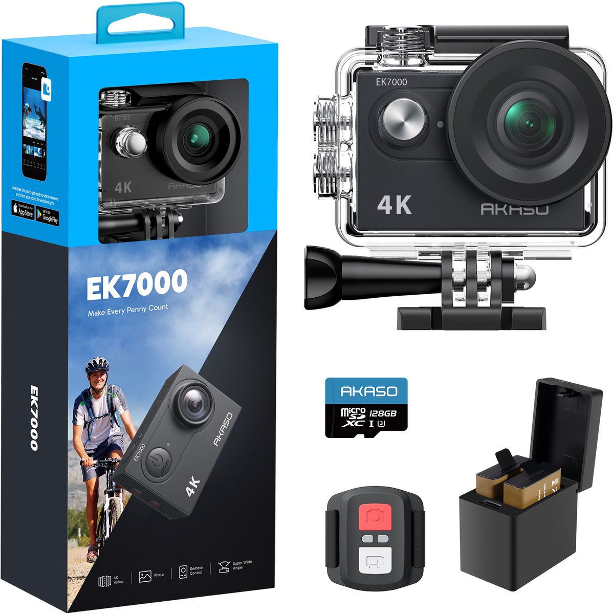 AKASO EK7000 Action Camera 4K – Waterdicht 30m – Afstandsbediening – 4× Zoom – WiFi – Onderwatercamera met 128GB SD-kaart & Accessoireset – Zwart