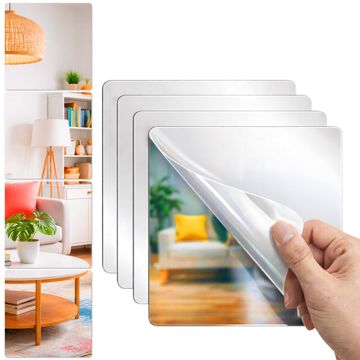 Plakspiegel 20x20 - 4 stuks - Zelfklevende - Plakspiegels - Hollywood make up spiegel - Deur - Spiegel - Folie - Badkamer - Grote - Sticker - Pas - Wand - Spiegel