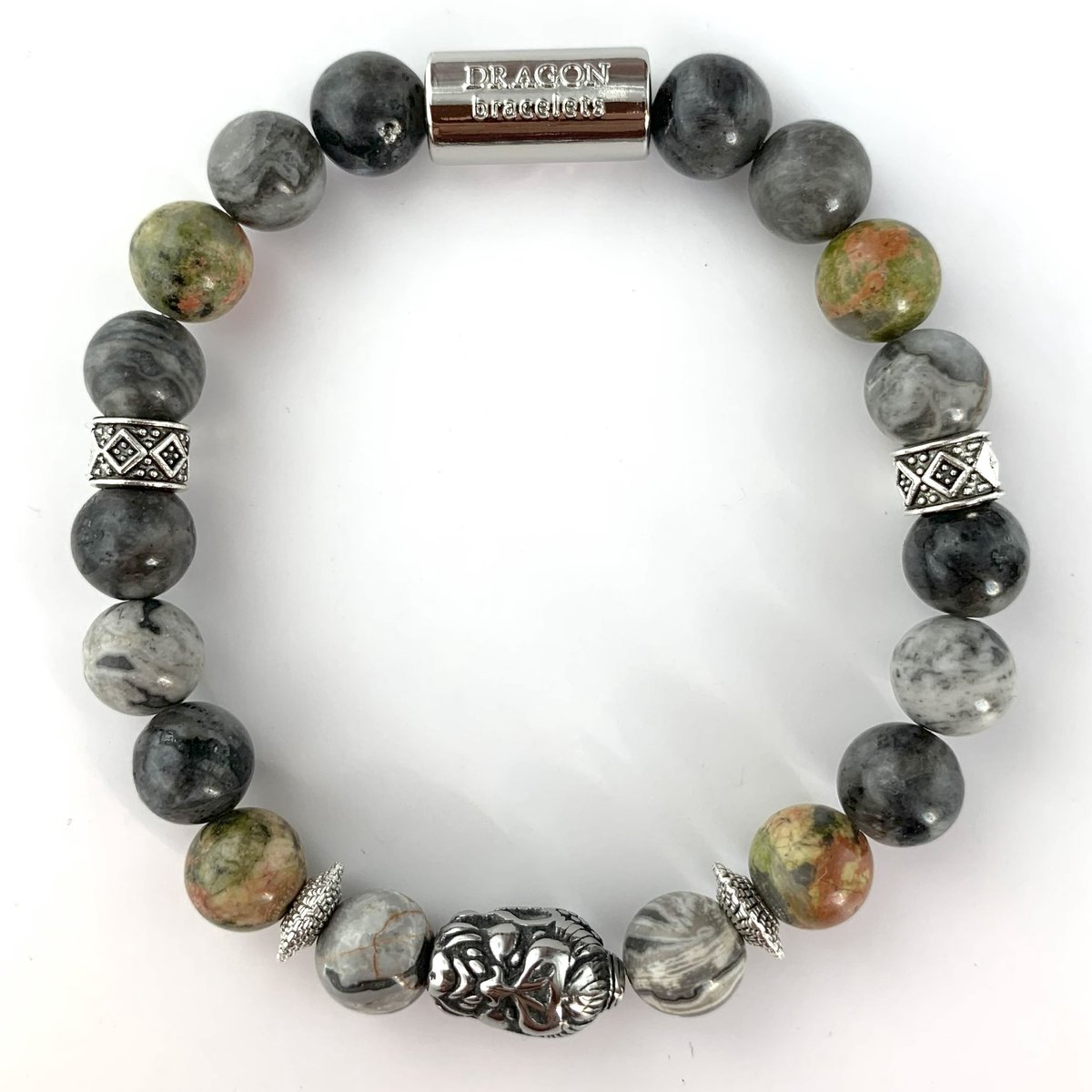 Dragon Bracelets - Heren Armband - Double Faced Buddha - Grijs - Jaspis - Unakiet