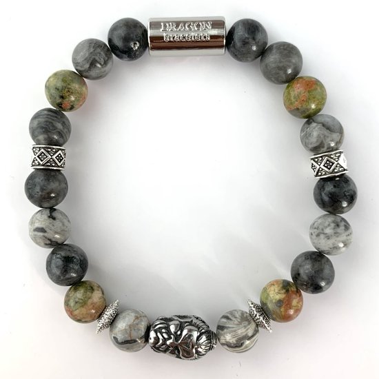 Dragon Bracelets - Heren Armband - Double Faced Buddha - Grijs - Jaspis - Unakiet