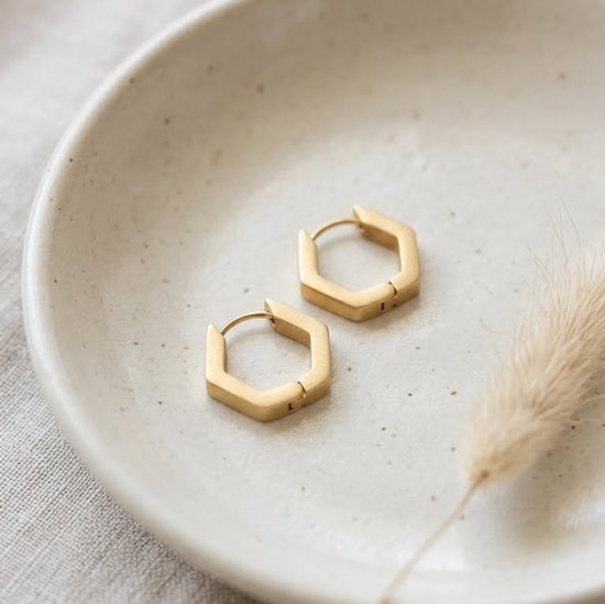 Lundholm Boucles d'oreilles Femmes Boucles d'oreilles Hexagon Couleur Or - Premium Stainless Steel Gold Plated - Petites boucles d'oreilles chunky - Série Lot - Cadeau pour femme anniversaire fête des mères petit cadeau - Design Scandinave