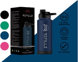 Refillz Drinkware® - (NEW) Pro X Bottle Navy Blue - Dubbelwandige Thermo Drinkfles 1000ML - Waterfles - RVS Bidon - Hydrate Lid Pro - 24u koud / 12u warm - Lekvrij Design - BPA Vrij