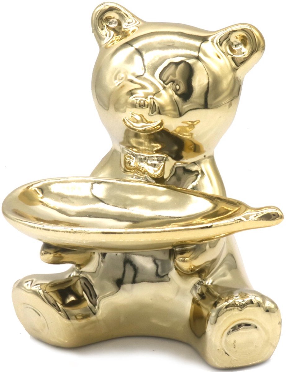 Gouden keramieke beer met sieraden schaaltje - 11,5 cm hoog