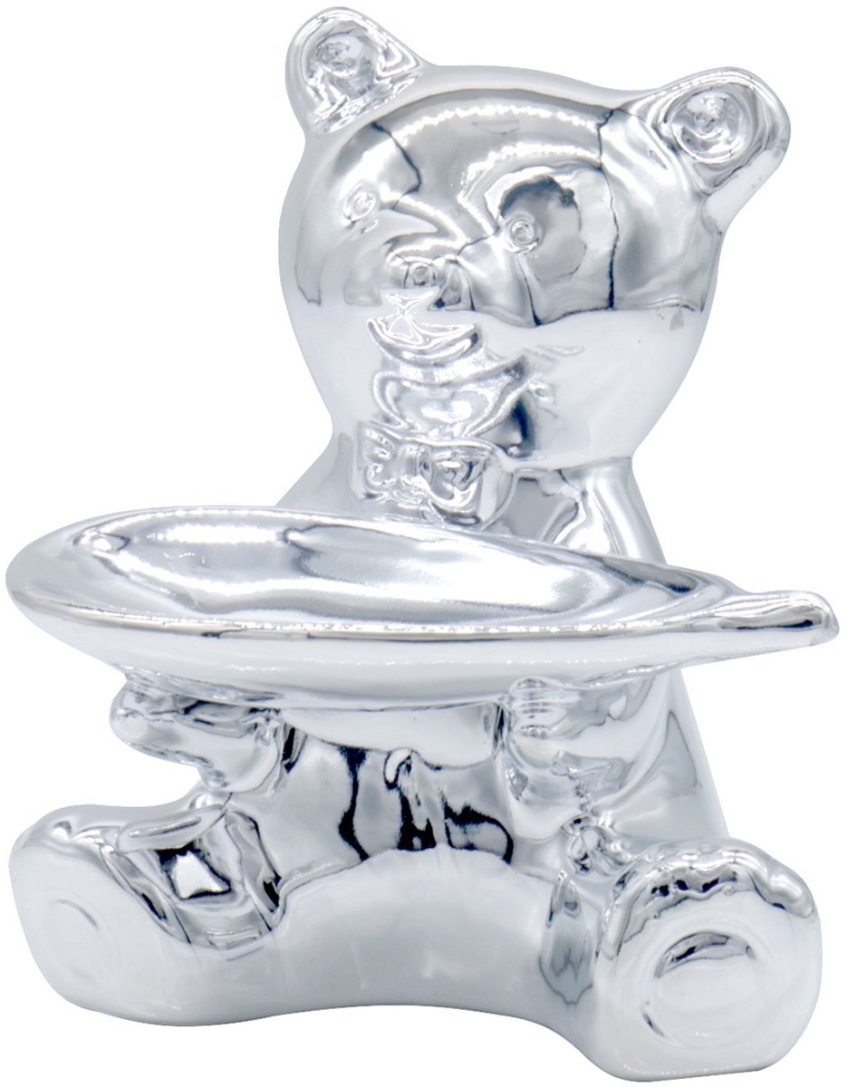 Zilveren keramieke beer met sieraden schaaltje - 11,5 cm hoog
