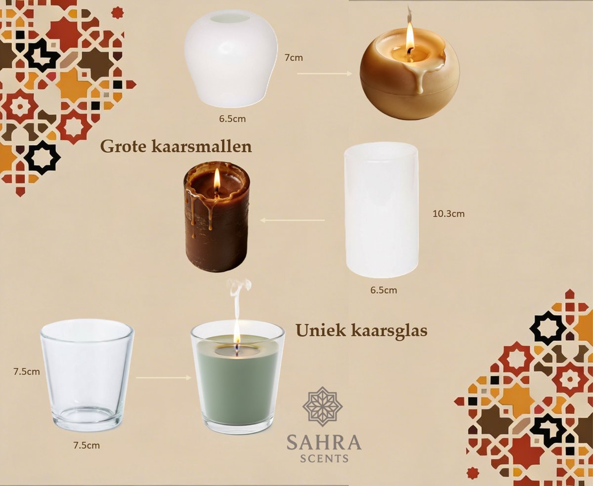 Sahra Scents - Luxe Arabische DIY Kaarsen Maken Set - 7 Oosterse Geuroliën - Complete Candle Kit - E-book - 600 gram Soja Wax - Inclusief Lonten, Glas en Mallen - Creatief Cadeau — afbeelding 6