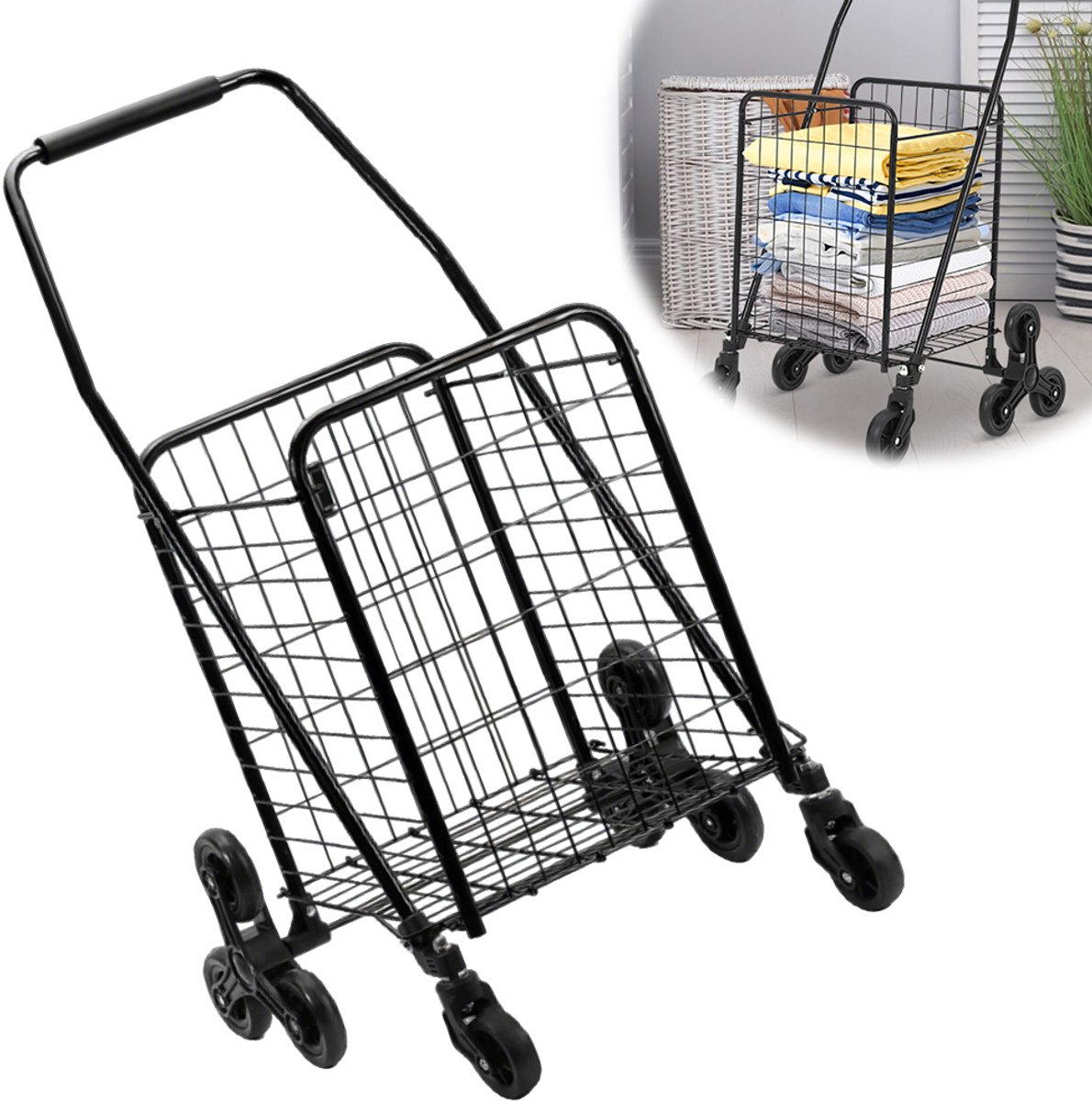 Traploopwagen - Opvouwbaar met Wielen - Geschikt voor Boodschappen, Het Vervoeren van Levensmiddelen, Wasgoed, Enz. - Opvouwbaar voor Diverse Gelegenheden - Zwart