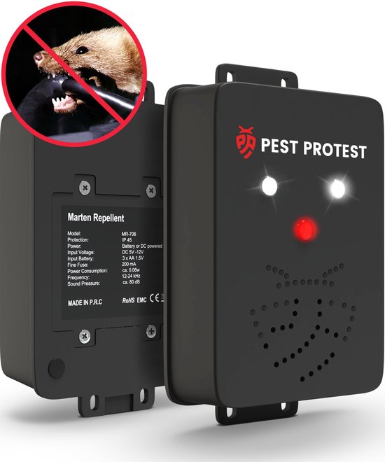 Pest Protest Marterverjager - Op Auto accu, 12V of Batterijen - Ultrasone Marter Verjager - Outdoor Ongedierte Verjagers - Anti Steenmarter voor Binnen en Buiten - Marterverjagers