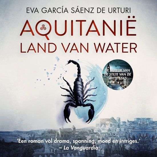 Boekomslag 'Aquitanië Land van Water' met een schorpioen en een stadsgezicht.