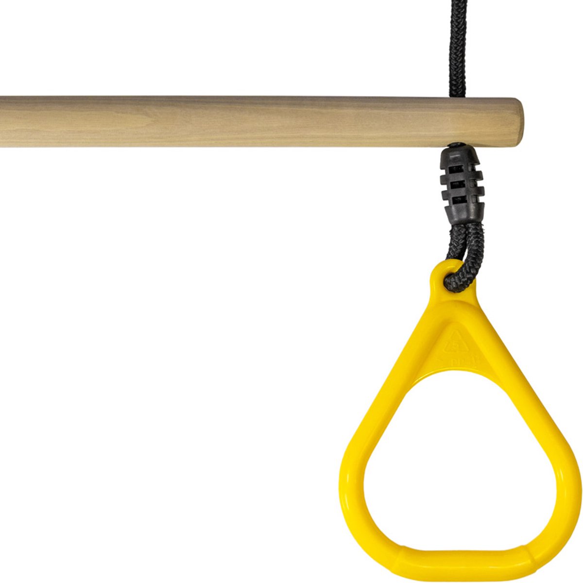 Buitenspeelgoed Keupink - Houten Ringtrapeze met Kunststof Ringen - Geel - BR Touwen Zwart - Trapeze met driehoeksringen