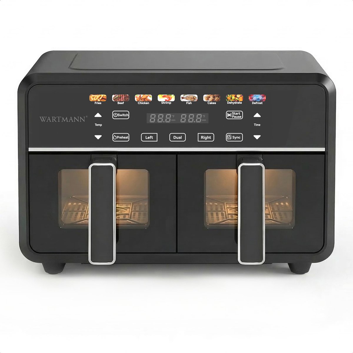 Dubbele Airfryer XXL 11L - PFAS-vrije Heteluchtfriteuse - Infrarood - Dual Zone - 2 x 5.5L - 40–200°C - 8 Kookprogramma's - 2850W - WM-2511 AF - Zwart