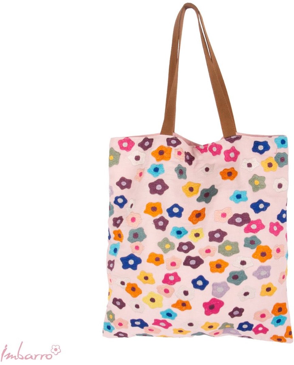 Imbarro Bloom Shopper Tas – Geborduurd Katoen – 40 x 45 cm – Ecru / Multi – Boodschappentas & Strandtas