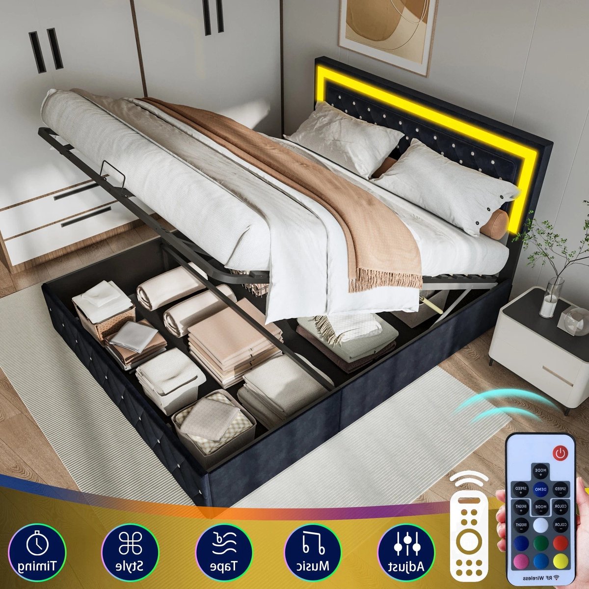 Slaapbank – Bed – Tweepersoonsbed – Opbergbed – Logeerbed – Gestoffeerd Velours – Zwart 160x200 cm – Hydraulische Opbergruimte – Stevig MDF Frame