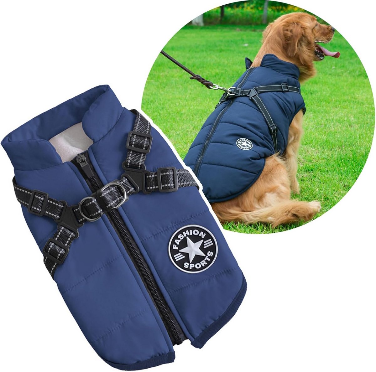 Warme Winterjas voor Grote Honden met Geïntegreerd Tuigje – Waterbestendig Vest