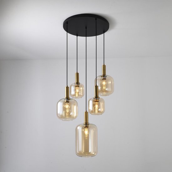 HOFTRONIC – Hanglamp Xirena ambra V – Vijf amberkleurige glazen bollen – Dimbaar – E27 fitting – Aluminium en glas – IP20 – 230V – Hanglamp eetkamer woonkamer