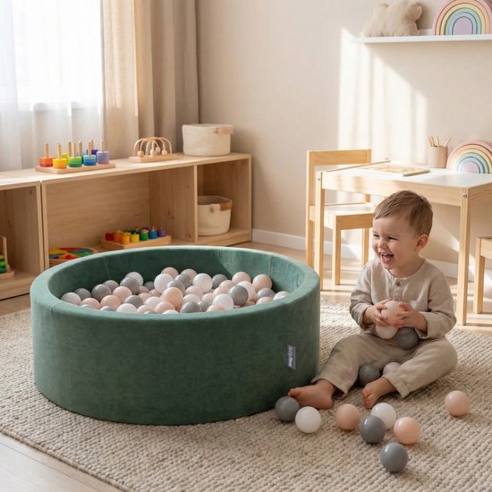 KiddyMoon piscine à balles ronde piscine à balles en velours 90x30cm/200 balles ∅ 7cm piscine à balles pour bébés, piscine de jeu pour tout-petits, fabriquée dans l'UE, vert forêt: turquoise foncé/beige pastel/rouge cuivre