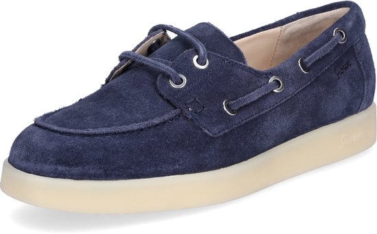 Zij-aanzicht van donkerblauwe suède Sioux mocassin met vetersluiting en witte zool.
